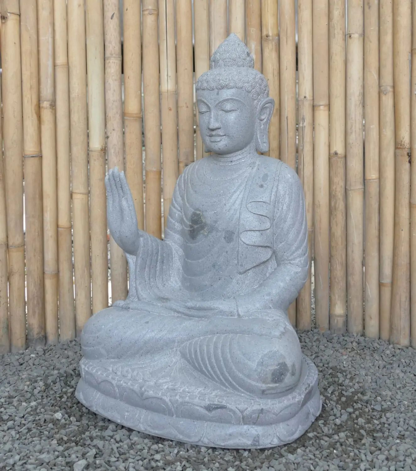  Product image 2 of the product “Seated Buddha made of Riverstone in Abhaya Position - gesture of fearlessness, H. 83cm. ”